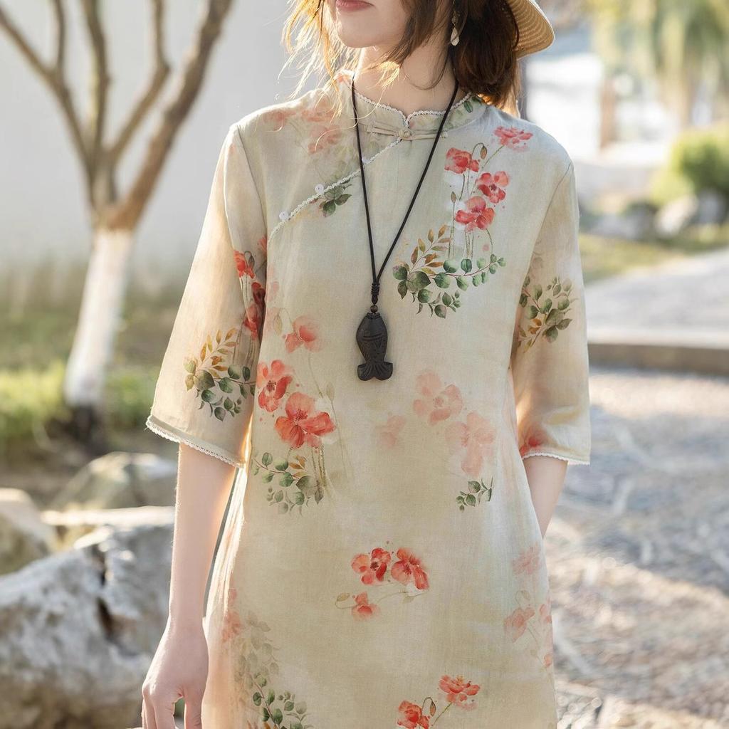 Light cotton and linen stand-up collar improved cheongsam dress for women, retro diagonal placket design printed short-sleeved skirt