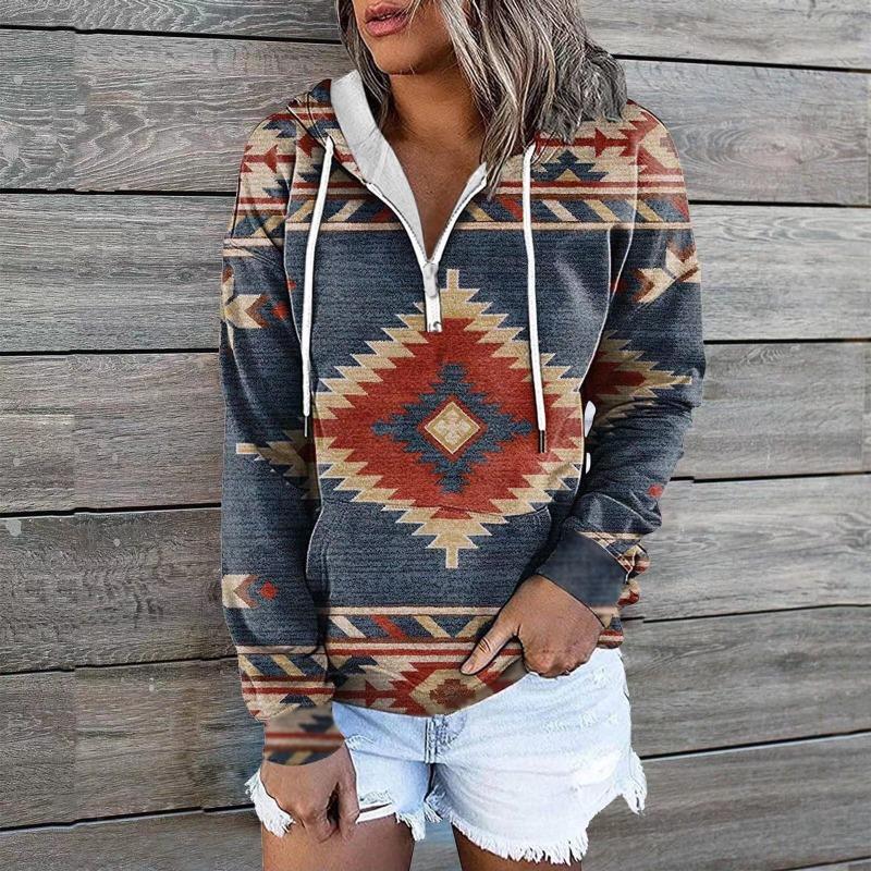 Autumn Winter Ethnic Tribe Hooded Hoodie Jacket Top Sweatshirts Women’s