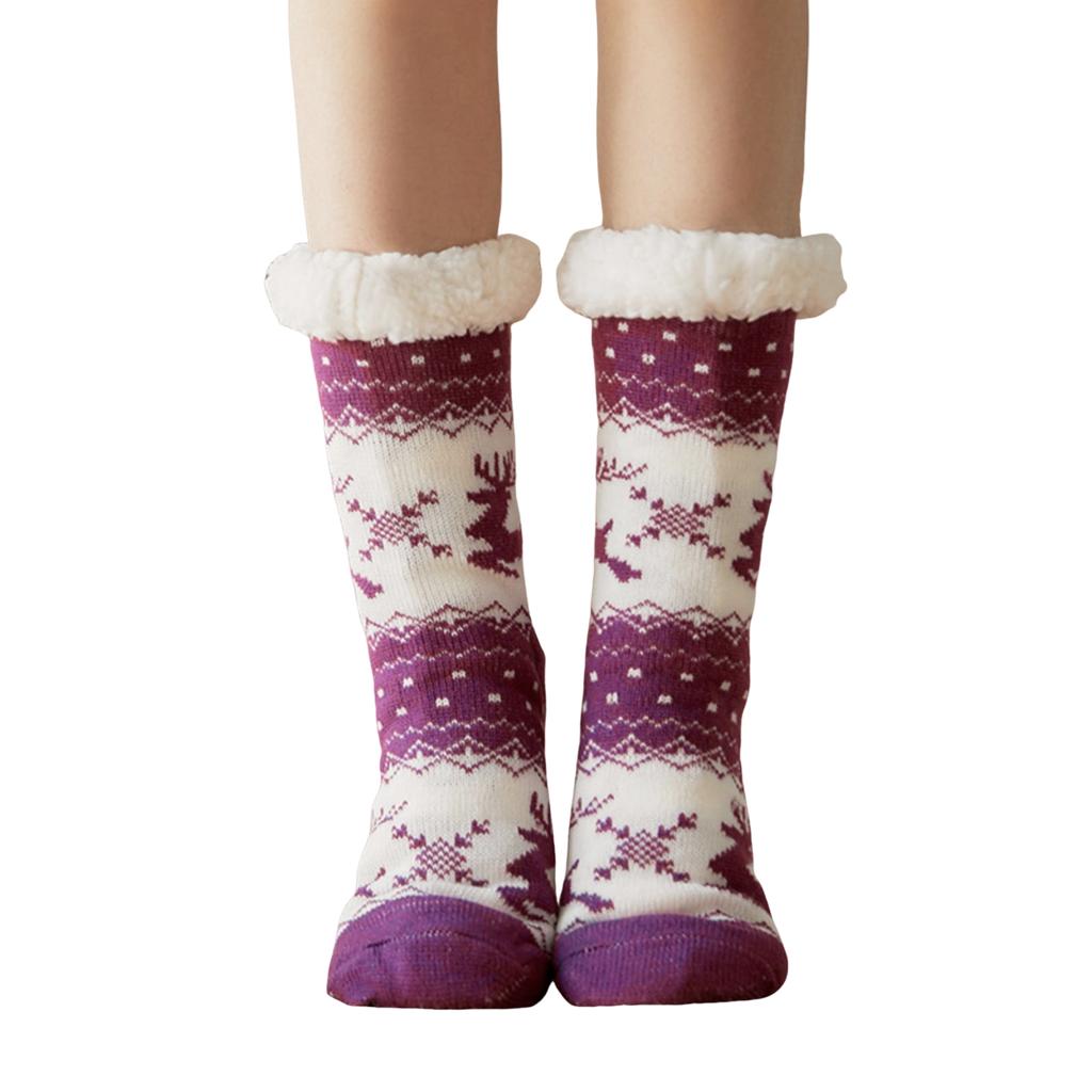 Christmas Pattern Floor Socks for Female Fall Winter Fleece-lined Postpartum Carpet Socks Plush Non-slip Home Slipper Socks