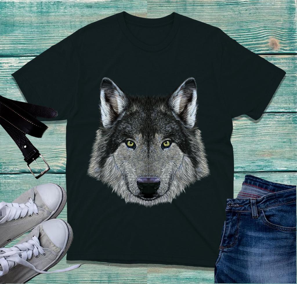 Wolf Animal Face Front Big Print TShirt Scary Grey Wolf Head Wolf Lover Tee Top