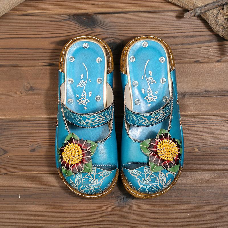 Fashion GKTINOO Flower Slippers Genuine Leather Shoes Handmade Slides Flip Flop On The Platform Clogs For Women Woman Slippers