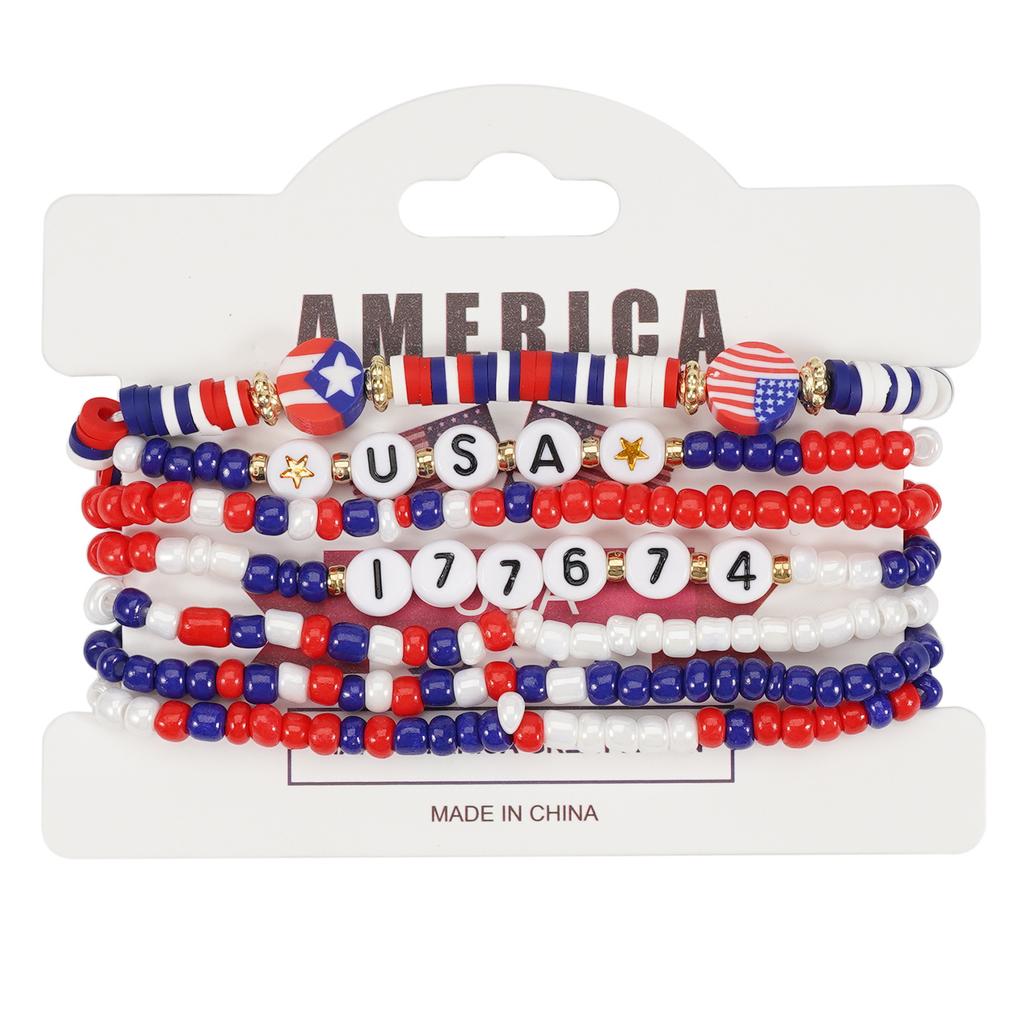 Pack of 6 Fashionable Patriotic Beaded Bracelets Elastic July 4th Jewelry Americans Flag Star Charm Party Accessories