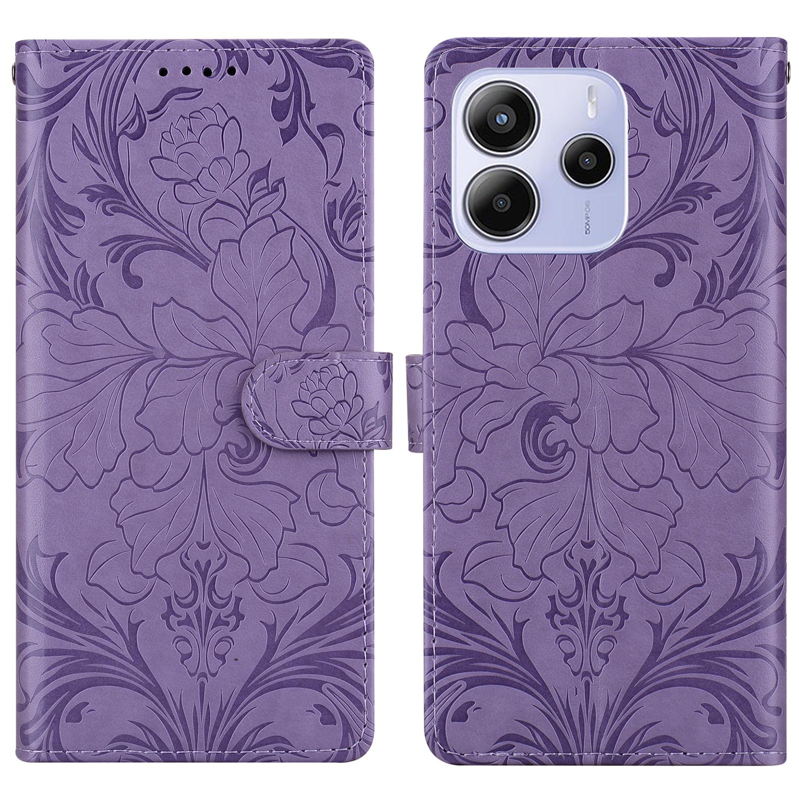 

Для Xiaomi Redmi Note 14 4G (164,84мм) Кожаный чехол с тисненым цветочным узором, кошелек-подставка, откидная крышка для телефона Purple