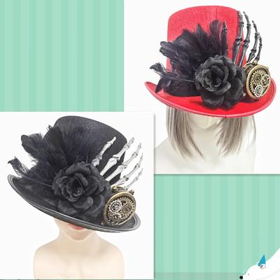 Dark Wind Skeleton Claw Mechanical Rose Gear Feather Goggles Decorative Top Hat Red Black Two-color