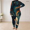 Women Plus Size Round Neck Long Sleeve Printed Longline Top Fitted Pants Two Piece Set