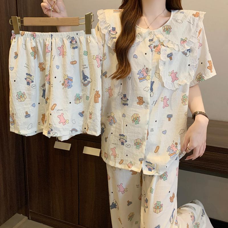Japanese Doll Collar Cloud Cotton Pajamas Women'S Summer Cartoon Small Fresh Short-Sleeved Loungewear Three-Piece Set