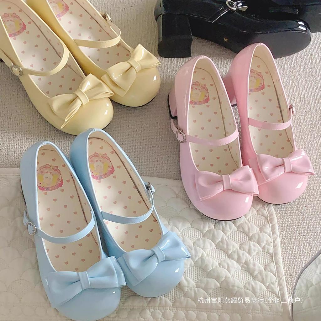 [Spot] Medium heel sweetheart small roll, flower roll fried rice cute lolita girl round head bow shoes