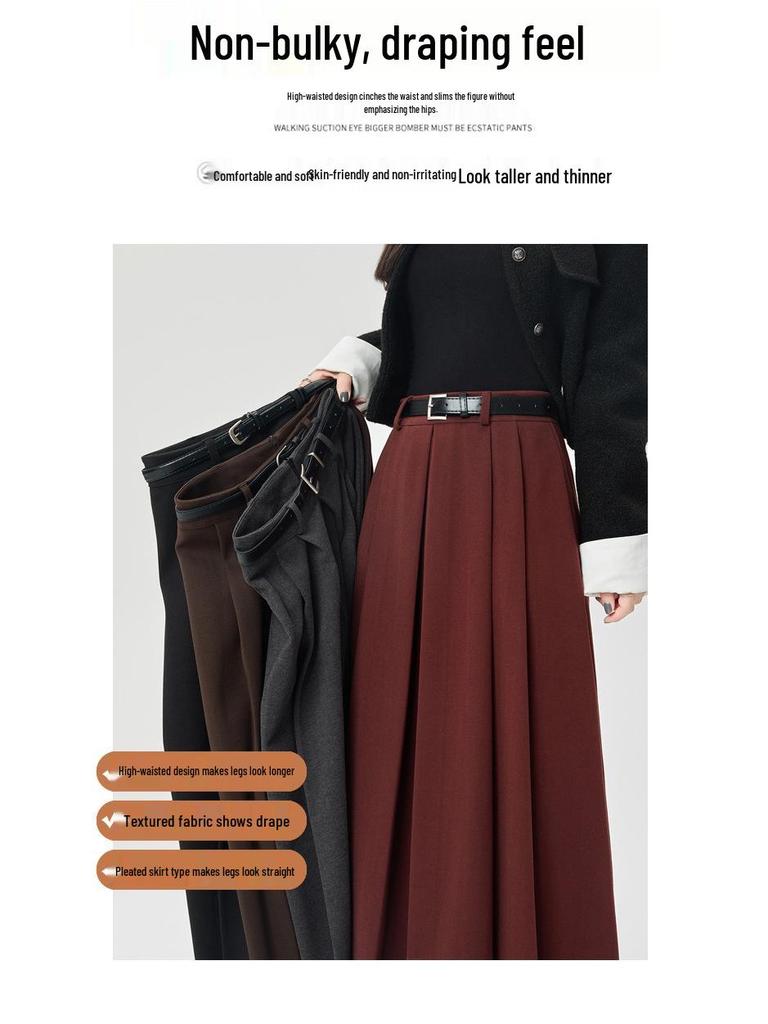 Women's 2024 High-Waisted Wool Pleated Midi Skirt – Autumn/Winter Slimming A-Line