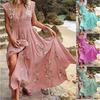 V Neck French Beach Dress European American Women Bohemian Print Skirt
