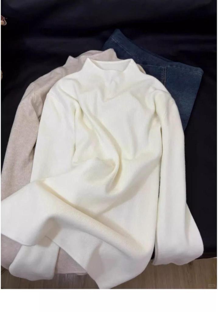 Fufu Korean Style Blue Slim-Fit Knitted Sweater, Semi-High Neck, Soft and Cozy Top for Autumn and Winter 2026.