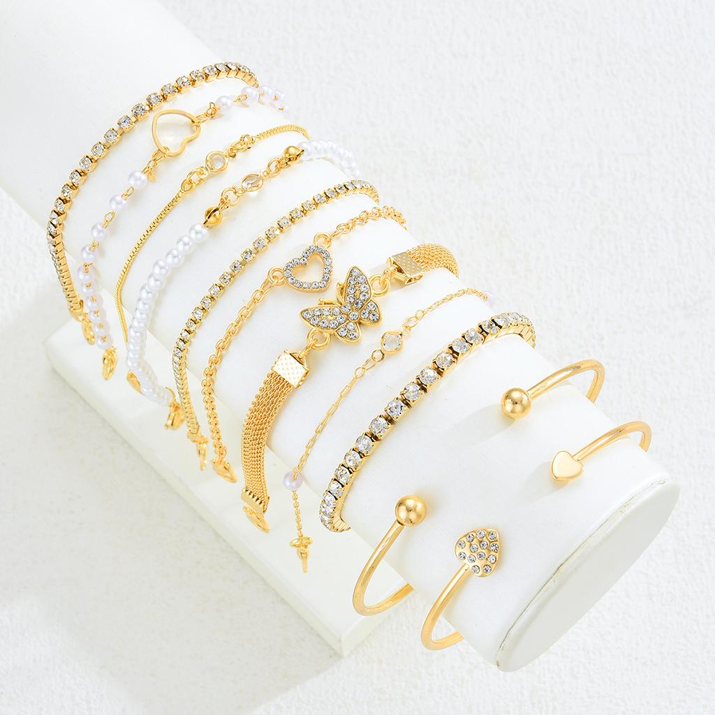 17KM 11 Piece Inlaid Heart Butterfly Bracelet Fashion Jewelry Set Women Trendy Shiny Daily Party Accessory Decorative Gift