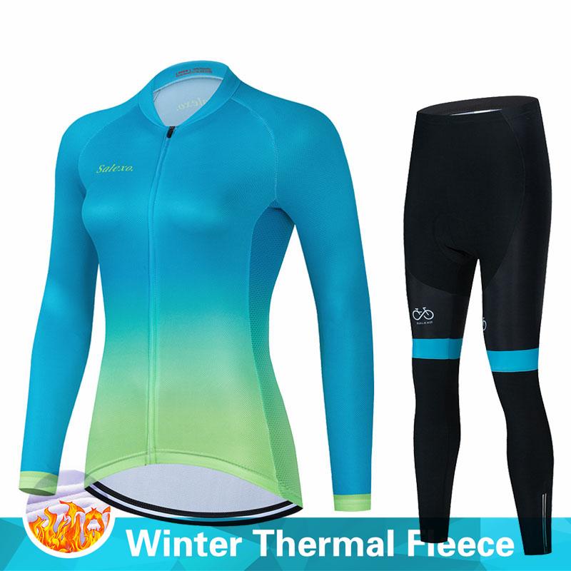 Warm 2023 Salexo Winter Thermal Fleece Cycling Clothes Women Jersey Suit Outdoor Bike MTB Clothing Bib Pants Set Ropa Ciclismo
