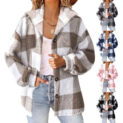 Plus Size Women Plaid Fleece Sweatshirt Coat Autumn Winter Long Sleeve Pocket Button Loose Flurry Hooded Loose Coat Oversized Tops