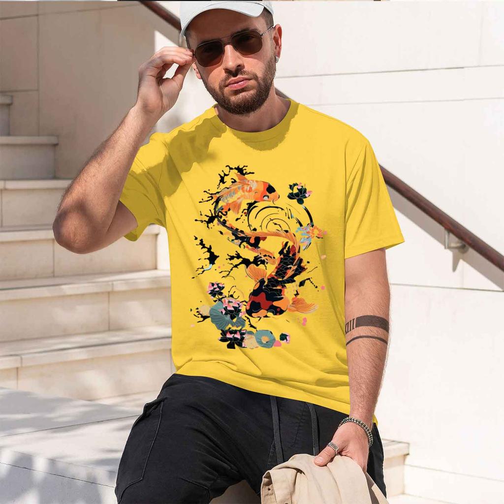 Koi Swimming Around Flowers Printing Unisex T Shirt All Tee Summer Clothes Comfortable Loose Male Short Sleeve 2026 New Model