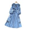 Bohemian heavy industry embroidery dress women's summer long-sleeved strap waist A-shaped dress retro ethnic style