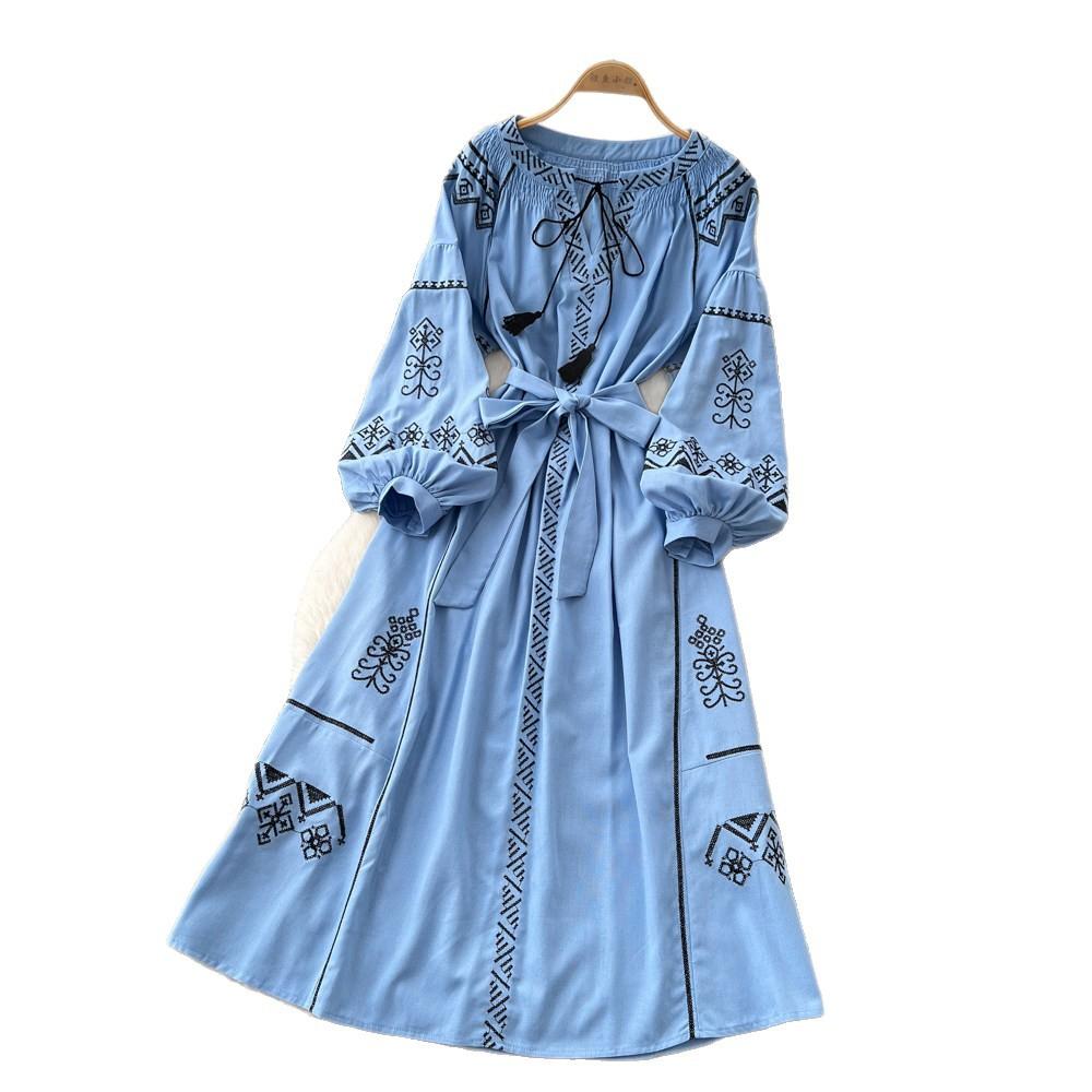 Bohemian heavy industry embroidery dress women's summer long-sleeved strap waist A-shaped dress retro ethnic style