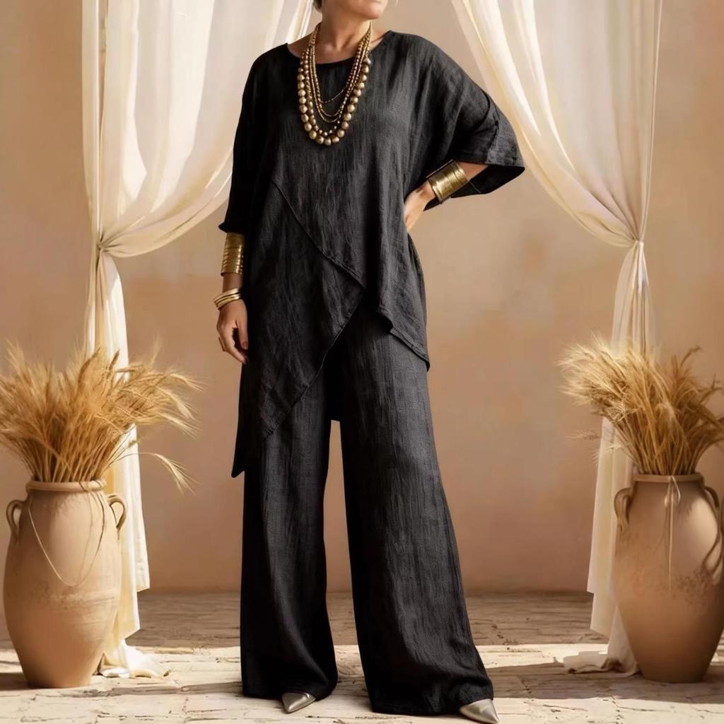 2026 Summer European & American Women's Cotton-Linen Two-Piece: Loose Casual Suit with Irregular Hem