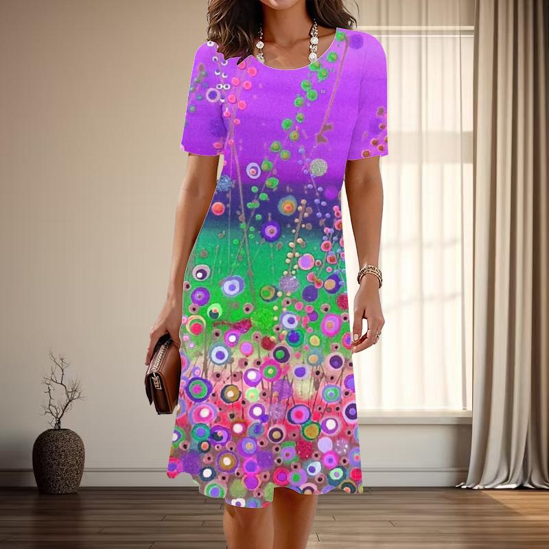 

Женская мода изящный узор пузырьковый принт лето весна короткий рукав О-образный вырез повседневные платья 5XL фиолетовый