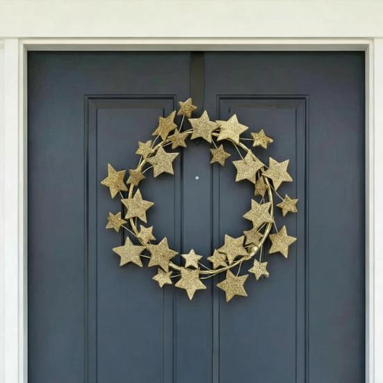 Metal Star Wreath for Front Door 11" Glitter Shiny Star Sparkling Wreath for Wall Mantle Holiday Party Indoor Outdoor Decoration