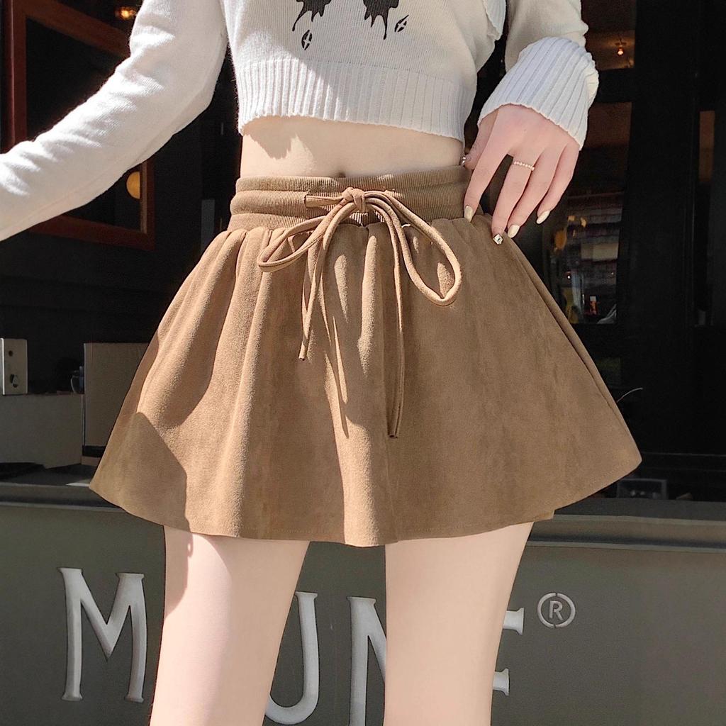 Women's Suede Fluff Elastic Waist Anti-exposure A-line Skirt - Autumn/Winter Retro Korean Style Temperament Petite Short Skirt