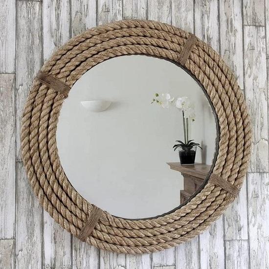 Wooden Rope Look Round Wall Mount Mirror Home Decoration, Living Room, Bedroom, Wall for Wash Basin