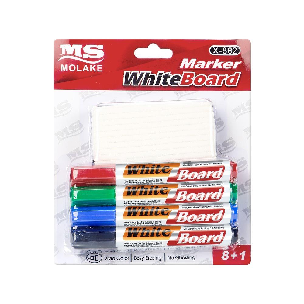 Four-Color Whiteboard Marker Set with Built-In Erasers for Meetings and Teaching.