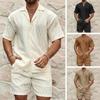 Male's Summer  Cotton and Linen Loose Short Sleeved Shirt and Shorts Set