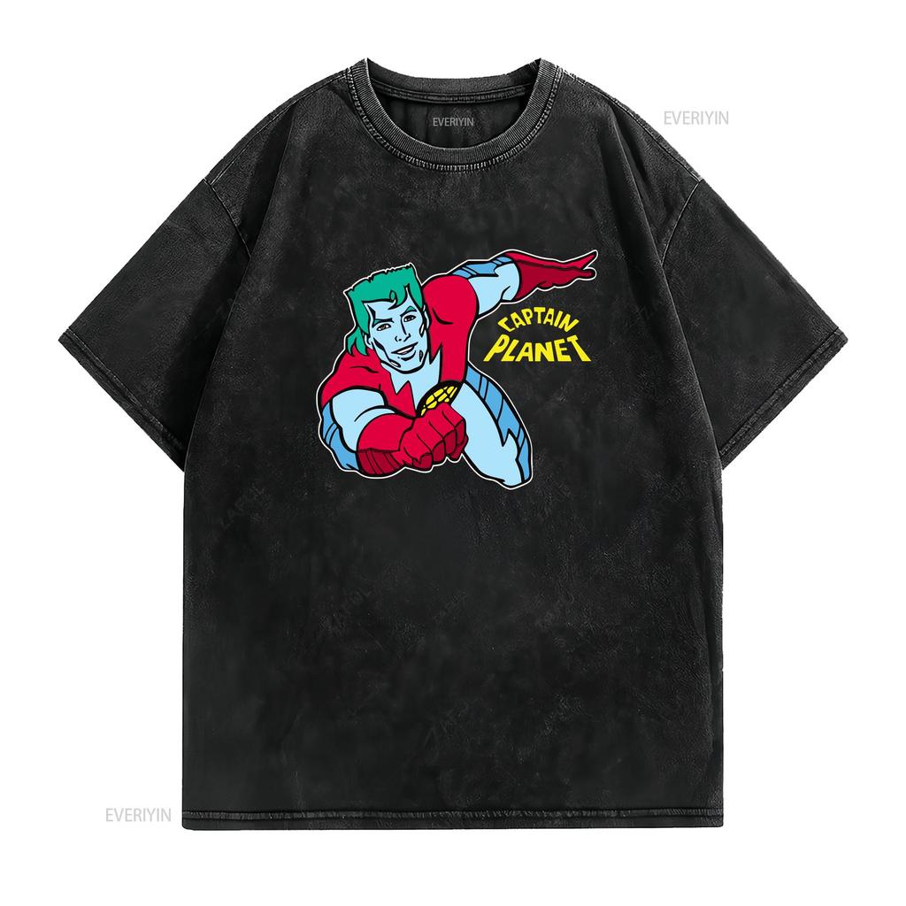 Captain Planet T Shirt Vintage Washed Graphic Versatile Top For Everyday Wear Stretched Streetwear Homme Stylish Casual