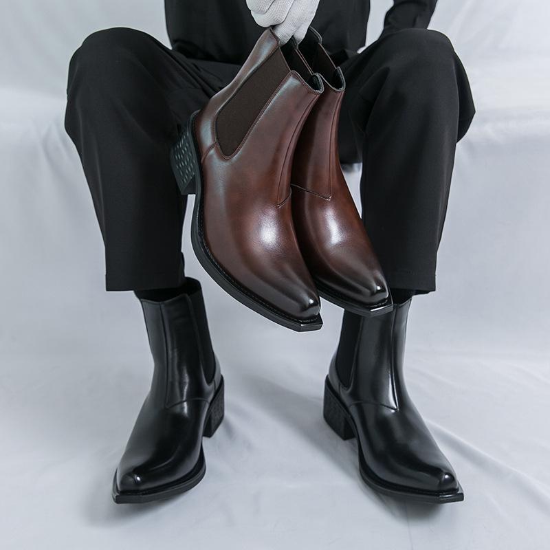 Men's Large Size Pointed Toe Leather Chelsea Boots with Thick Soles and High Heels - British Style Height Increasing Short Boots.