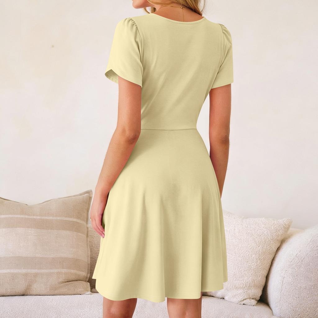 Women's Summer Dress Short-Sleeve Wrap- V-Neck A-Line Dress