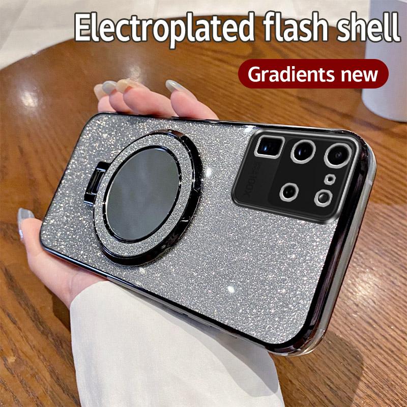 Luxury Electroplated Glitter Mirror Case For Samsung Galaxy S20 S21 S22 S23 S24 Plus S25 Ultra Shockproof Magnetic Stand Cover