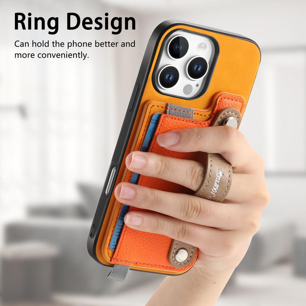 For iPhone 16 Pro Magnetic Leather Back Case with Detachable Card Holder and Wristband