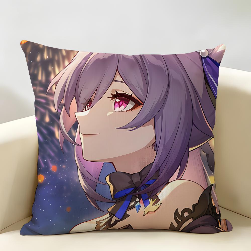 Keqing Genshin Impact Cushion Cover Natural Linen Organic Fabric DoubleSided Printing Room Sofa Decor Pillow Case