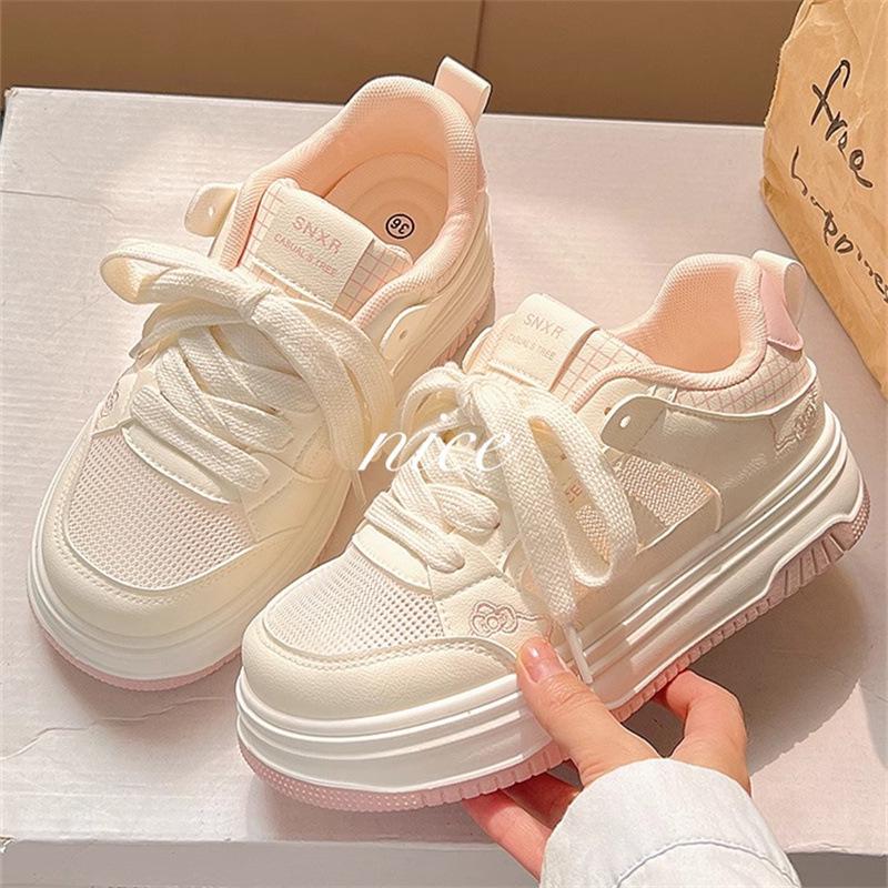 2025 Women's White Mesh Sneakers: Breathable, Thick-Soled, Versatile Casual Skate Shoes for Summer