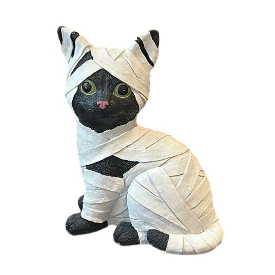 Shelf Halloween Decoration Mummy Black Cat Resin Figurine, Kitten Statue with Big Eyes & Wrapped Bandages, Figurine Cute Desk Ornament for Spooky Home