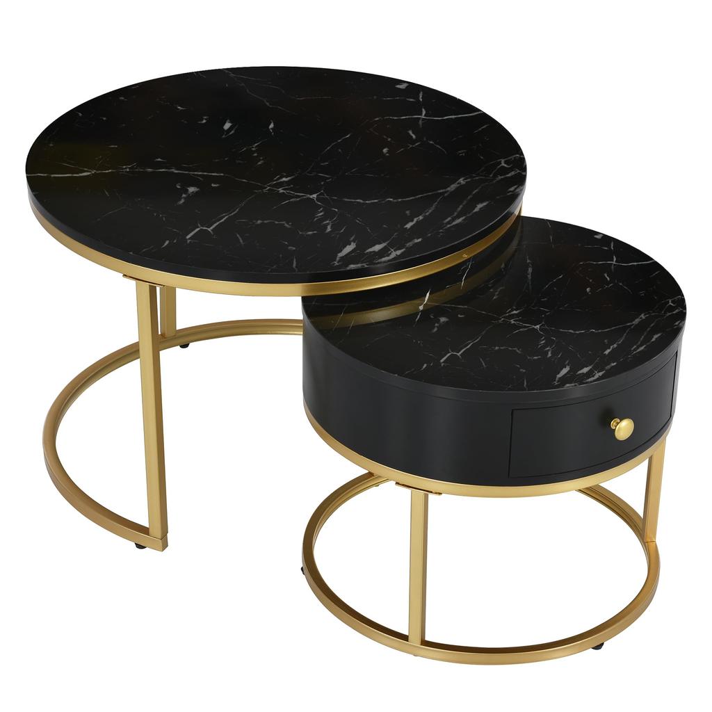 Couchtisch Rund, Satztisch 2er Set, Moderne Nesting Kaffeetisch Schublade, Gold Marmormuster, Sofatische Schlafzimmer Balkon Büro, Schwarz