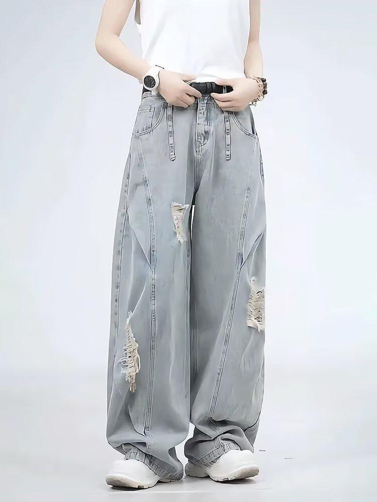 Американские модные рваные плиссированные джинсы мужские трендовый бренд ретро пэчворк дизайн вайб прямые сабля широкие брюки S