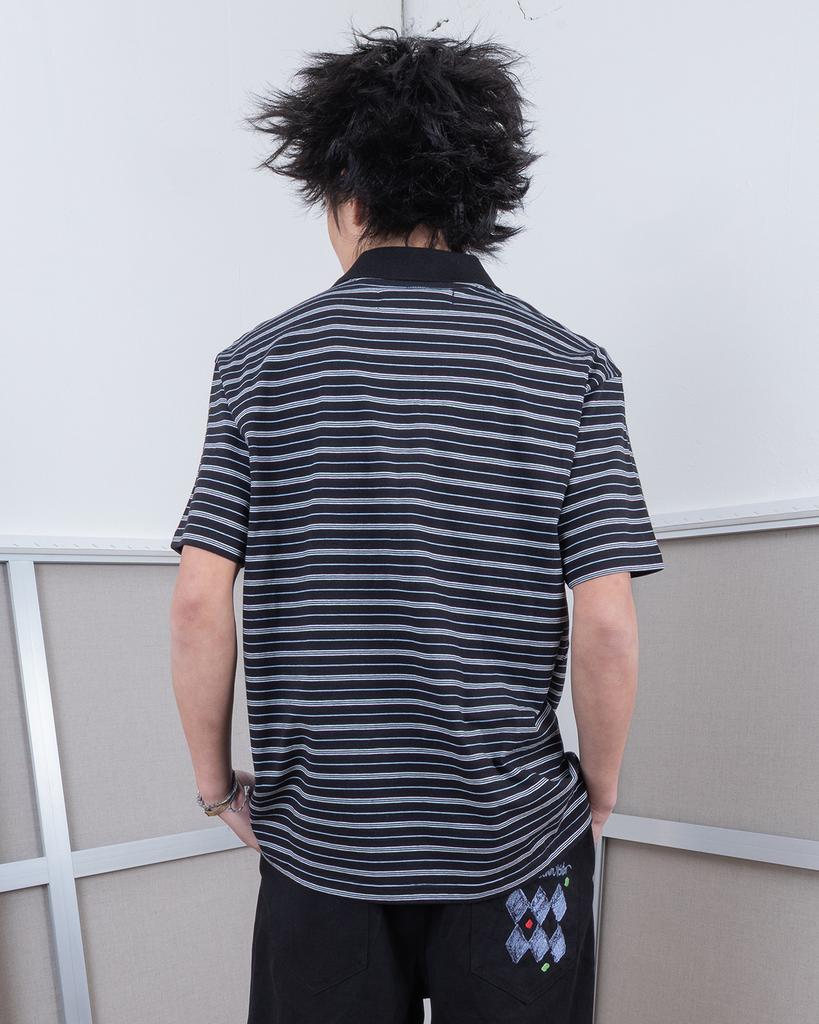 THEMUSEUMVISITOR Flower Embroidery Stripe Collared T-Shirt (Black)