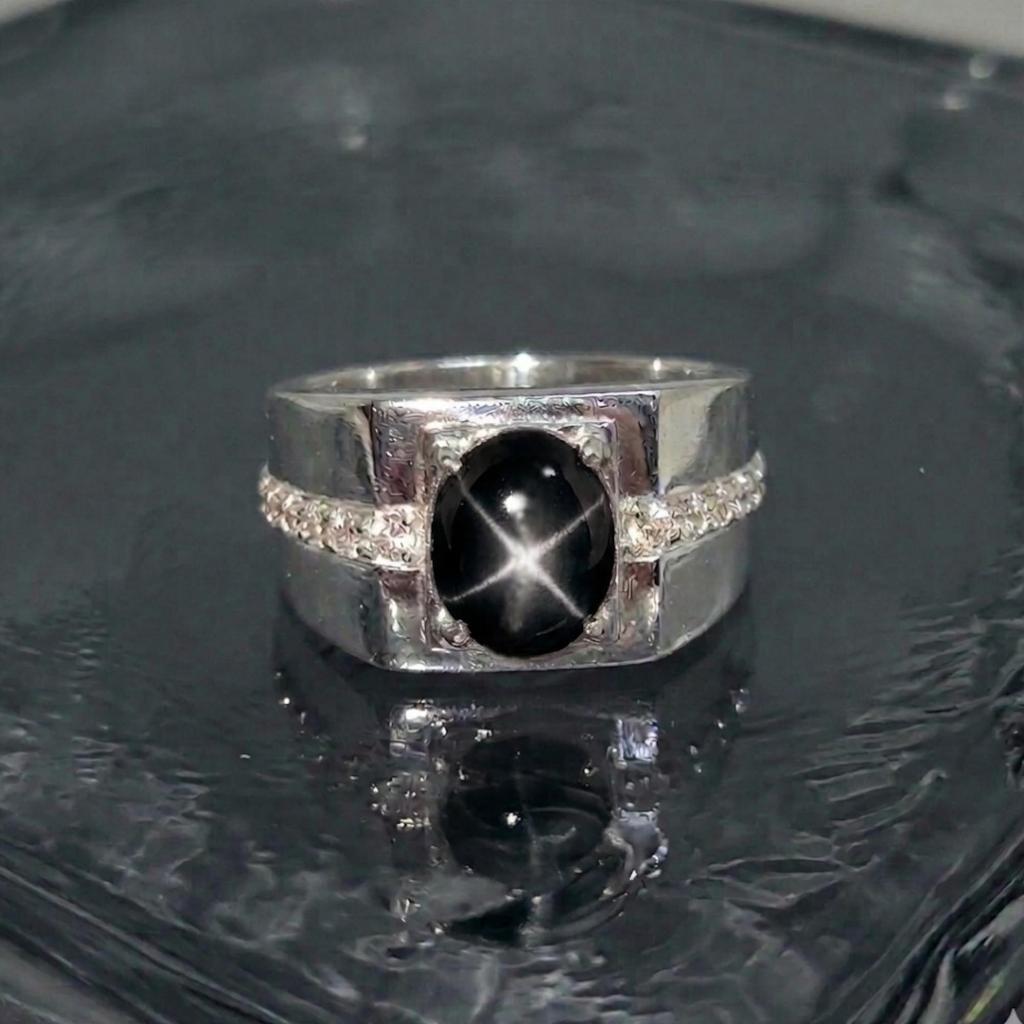 925 Sterling Silver Black Star Ring, CZ Diamond Accent, Men's Ring, Heavy Design Ring
