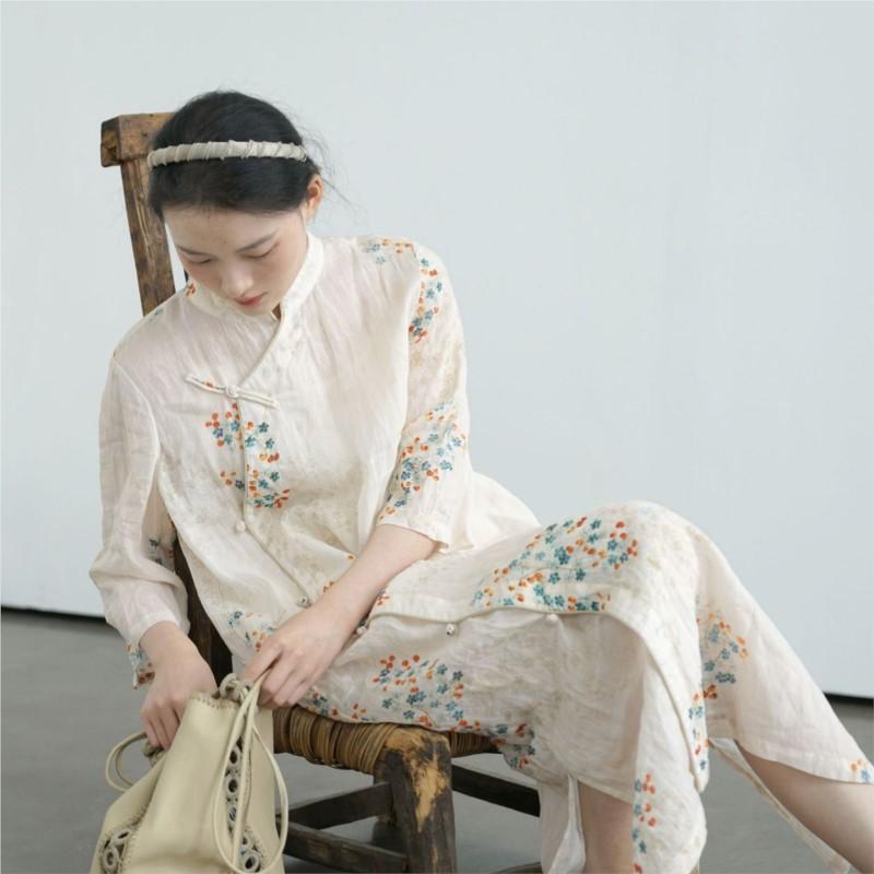 Johnature Women Vintage Print Floral Dress Stand Seven Sleeve Summer Button Chinese Style Dresses