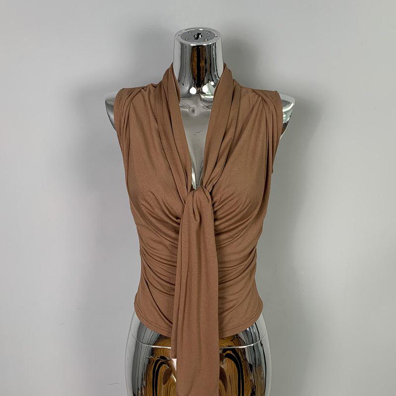 

Women s Korean Style Sleeveless Ruffle T-shirt - Slimming & Sexy with Sashes One Size кофейный