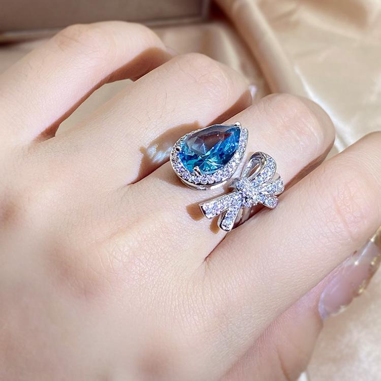 European and American Creative Fashion Womens Bow Jewelry Inlaid with Water Drop Sea Blue Diamonds
