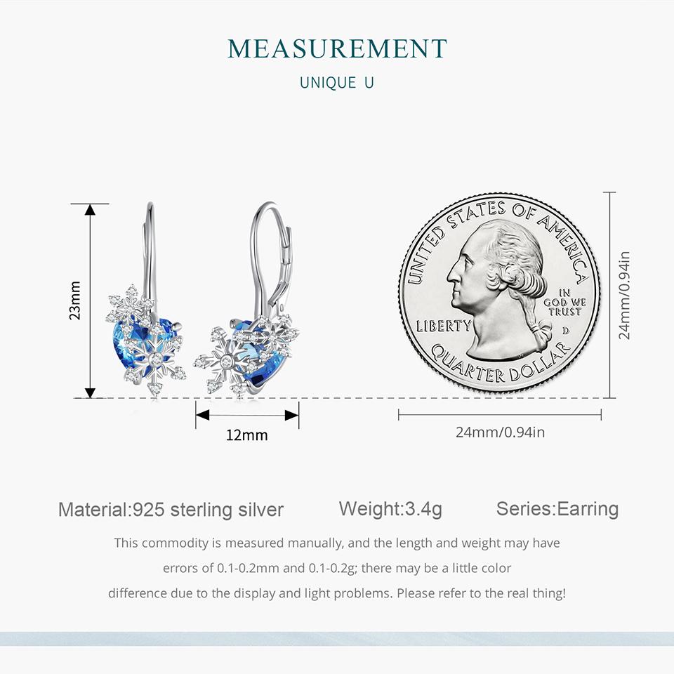 BAMOER 925 Sterling Silver Delicate Snowflake Ear Clips Blue Crystal Heart Ear Buckles for Women Birthday Gift Fine Jewelry