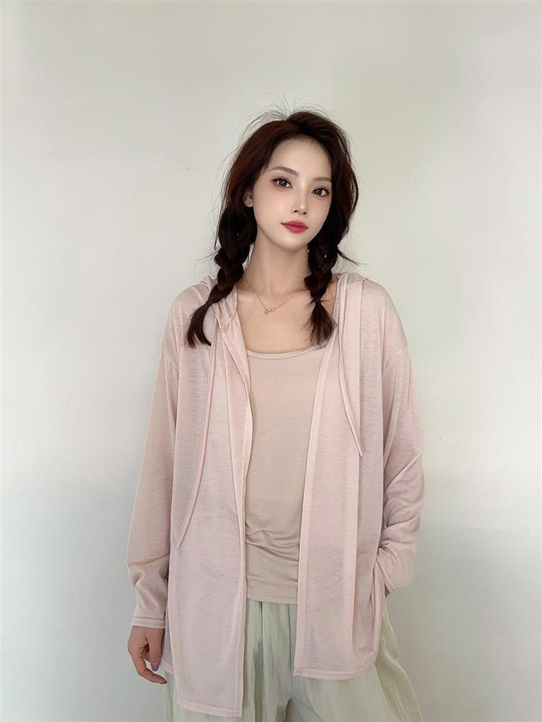 Women's Summer Tencel Hooded Cardigan - Solid Color Long Sleeve Shawl, Loose Plus Size AC Shirt Jacket