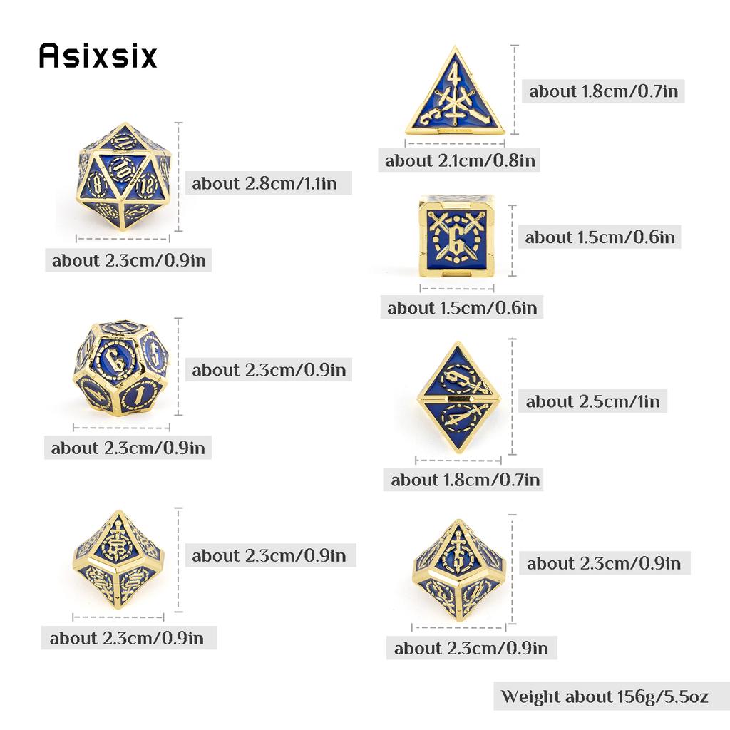 7 Pcs Golden Blue Double Swords Metal Dice Solid Polyhedral Dice Set Suitable for Role-Playing RPG Pathfinder Board Game