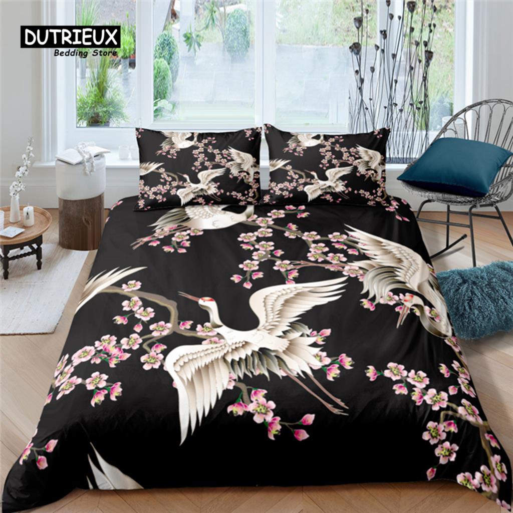 Home Living Luxury Flower Crane Print 2/3Pcs Soft Duvet Cover Set PillowCase Queen and King Size Kids Bedding Set EU/US/AU Size