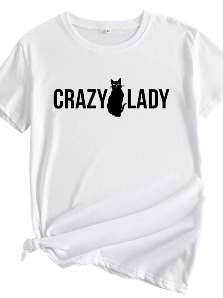 Crazy Lady Cat Print Women T Shirt Short Sleeve O Neck Loose Women Tshirt Ladies Tee Shirt Tops Camisetas Mujer