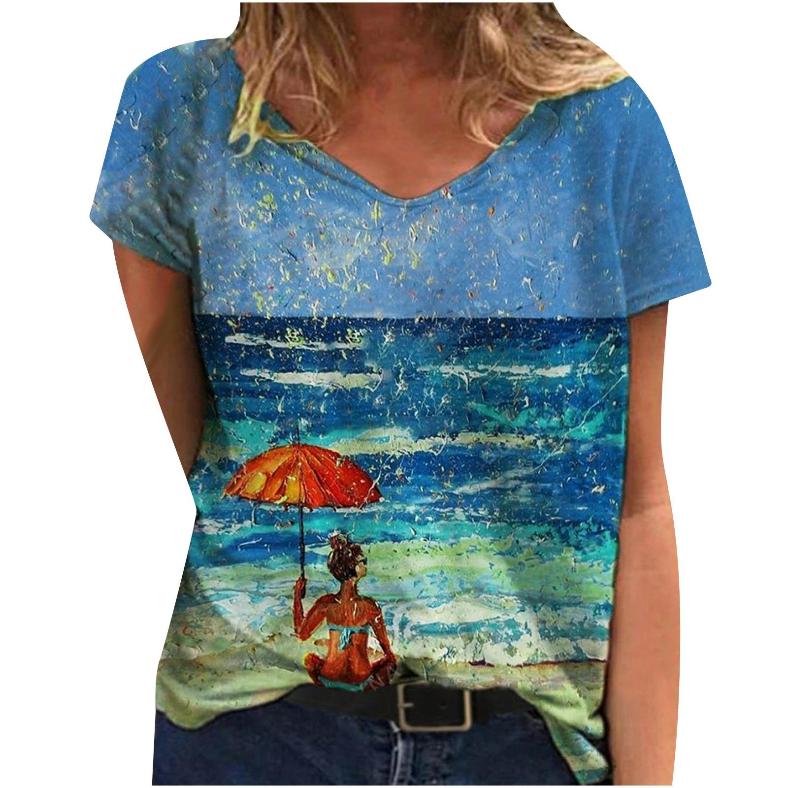 

Модные весенние блузки с принтом, с коротким рукавом, с V-образным вырезом, повседневные футболки M фиолетовый