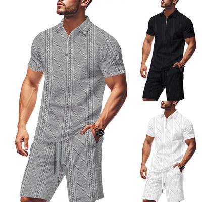 Men's Summer Solid Color Breathable Loose Zipper Short Sleeve Shirt Shorts Set