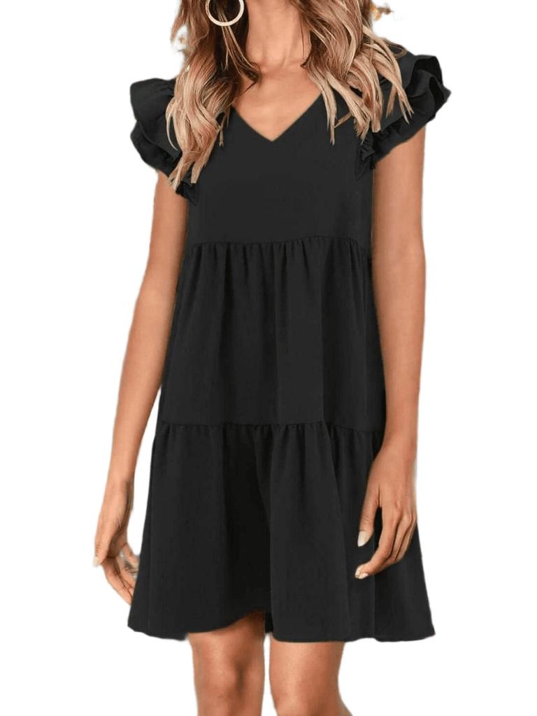 Mini Abito Estivo Babydoll da Donna con Maniche a Volant Corte, Scollo a V, Fluido